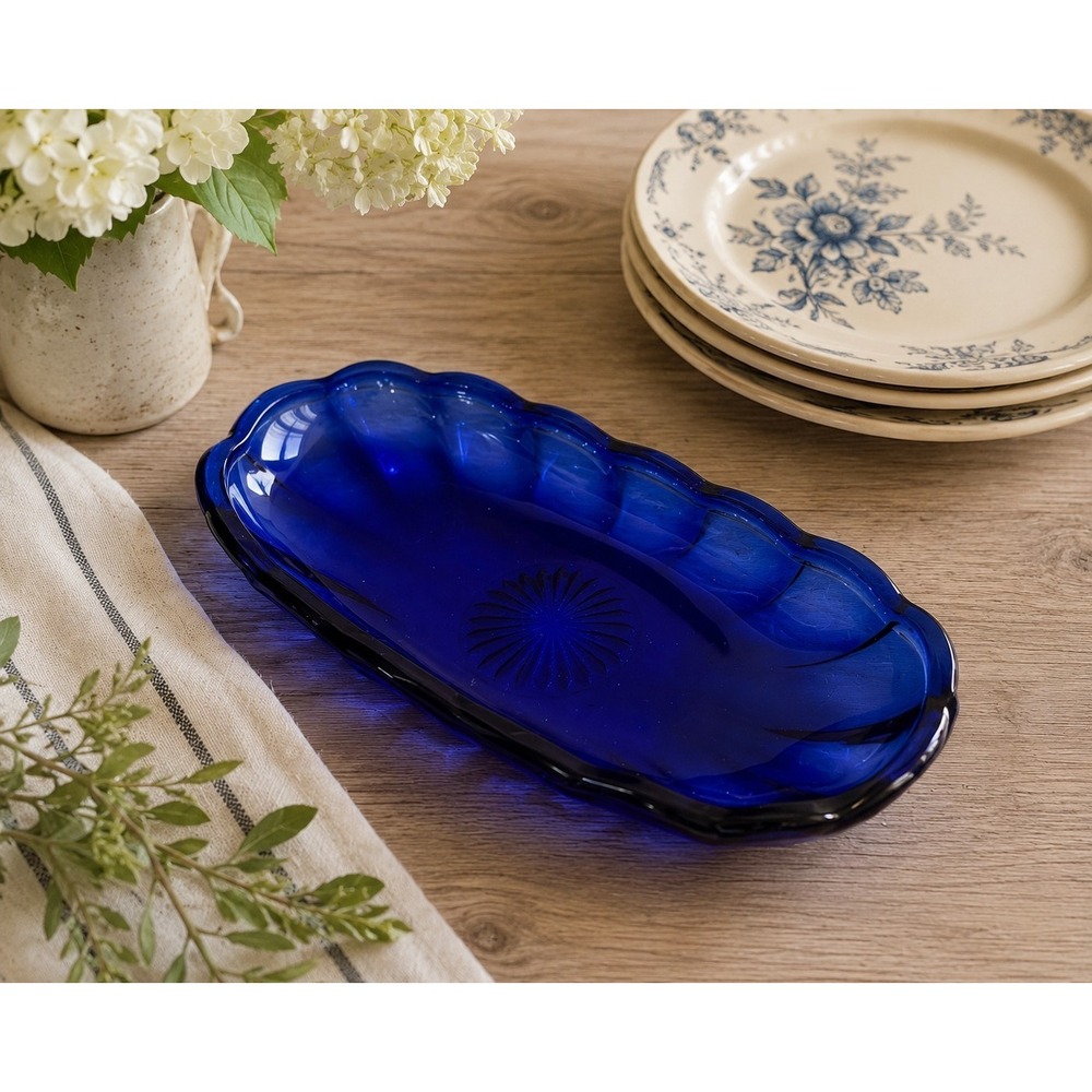 VTG‎ Anchor Hocking Cobalt Blue Glass Candy Banana Split Ice Cream Sundae Dish